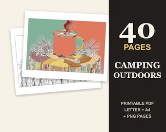 Campingmålarbok för vuxna, 40 detaljerade lägerelds- och tältdesigner, utskrivbar PDF