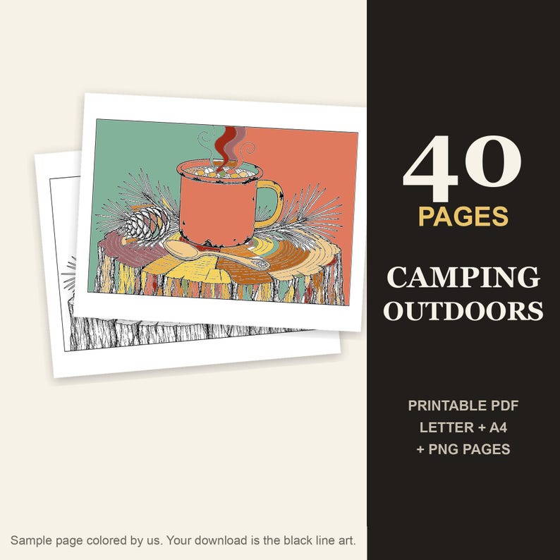 Może przedstawiać: Cyfrowy zestaw kolorowanek zatytułowany 40 PAGES CAMPING OUTDOORS, zawierający kolorową ilustrację czerwonego kubka na pniu drzewa z szyszką i łyżką oraz wersję czarno-białą w formie pliku PDF gotowego do wydruku.