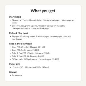 Pode incluir: Uma folha de informa&ccedil;&otilde;es do produto intitulada What you get. Lista um livro de hist&oacute;rias de 34 p&aacute;ginas, um livro de colorir e brincar de 24 p&aacute;ginas, v&aacute;rios arquivos PDF em tamanhos US Letter e A4, um arquivo ZIP de leitura offline e uma licen&ccedil;a.
