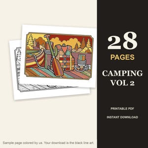 Campingmålarbok Vol. 2: 28 detaljerade utomhusscener för vuxna, utskrivbar PDF bild 1