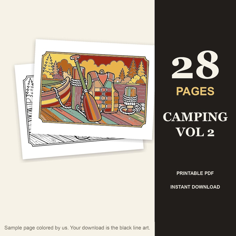 Campingmålarbok Vol. 2: 28 detaljerade utomhusscener för vuxna, utskrivbar PDF bild 1
