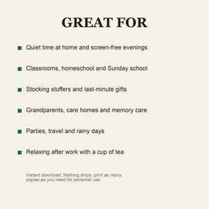 K&ouml;nnte beinhalten: Eine hellfarbige Informationsgrafik mit der fetten schwarzen &Uuml;berschrift GREAT FOR. Sie listet sechs Aufz&auml;hlungspunkte auf: Quiet time at home and screen-free evenings, Classrooms, homeschool and Sunday school, Stocking stuffers and last-minute gifts, Grandparents, care homes and memory care, Parties, travel and rainy days sowie Relaxing after work with a cup of tea.
