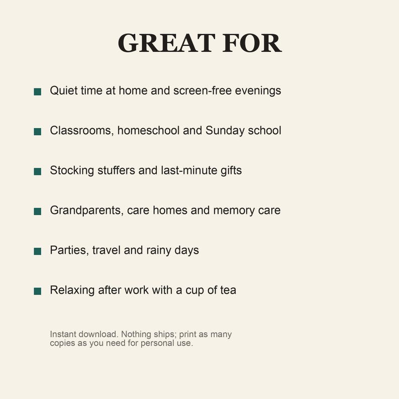 K&ouml;nnte beinhalten: Eine hellfarbige Informationsgrafik mit der fetten schwarzen &Uuml;berschrift GREAT FOR. Sie listet sechs Aufz&auml;hlungspunkte auf: Quiet time at home and screen-free evenings, Classrooms, homeschool and Sunday school, Stocking stuffers and last-minute gifts, Grandparents, care homes and memory care, Parties, travel and rainy days sowie Relaxing after work with a cup of tea.