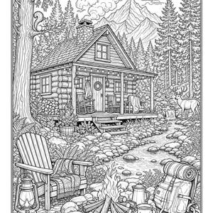 Camping Coloring Book for Adults, 28 Detailed Outdoor, Mountain Lake and Campfire Pages, Nature Coloring, US Letter and A4 PDF image 10