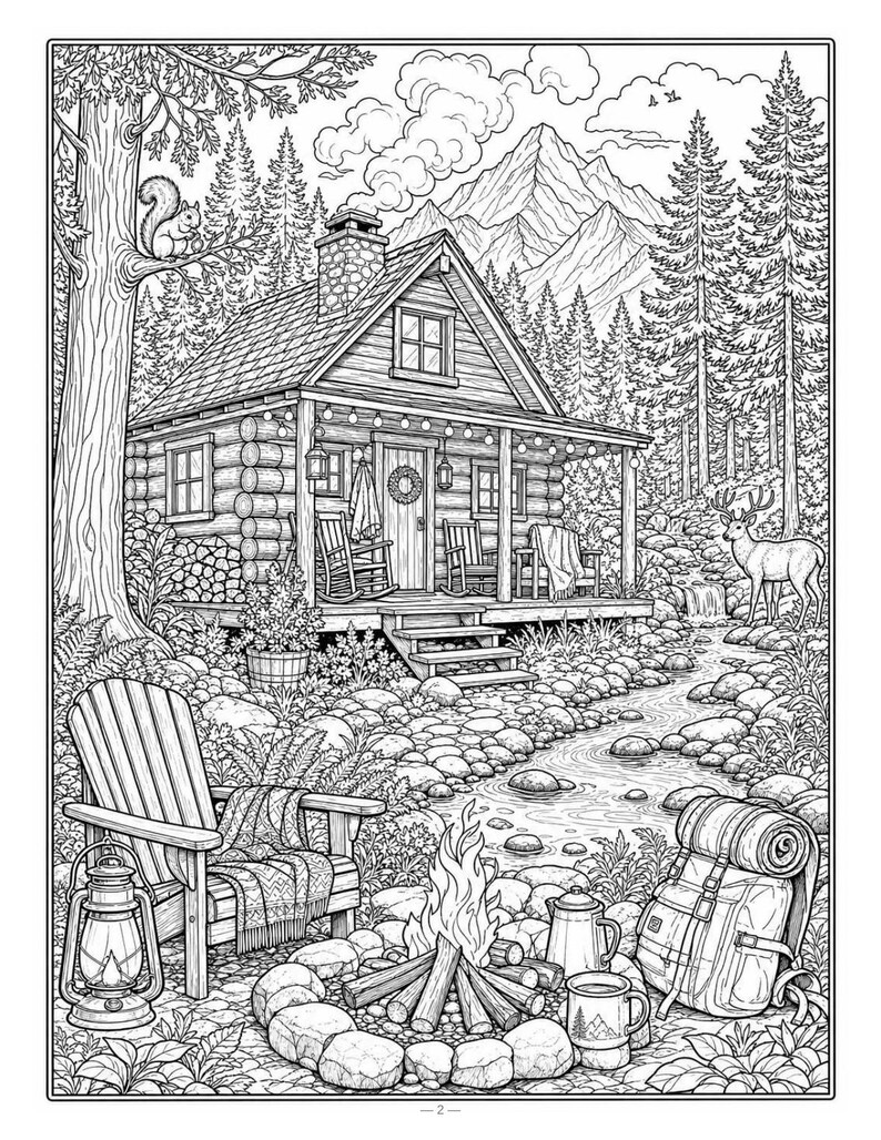 Camping Coloring Book for Adults, 28 Detailed Outdoor, Mountain Lake and Campfire Pages, Nature Coloring, US Letter and A4 PDF image 10