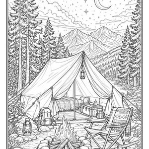 Camping Coloring Book for Adults, 28 Detailed Outdoor, Mountain Lake and Campfire Pages, Nature Coloring, US Letter and A4 PDF image 9