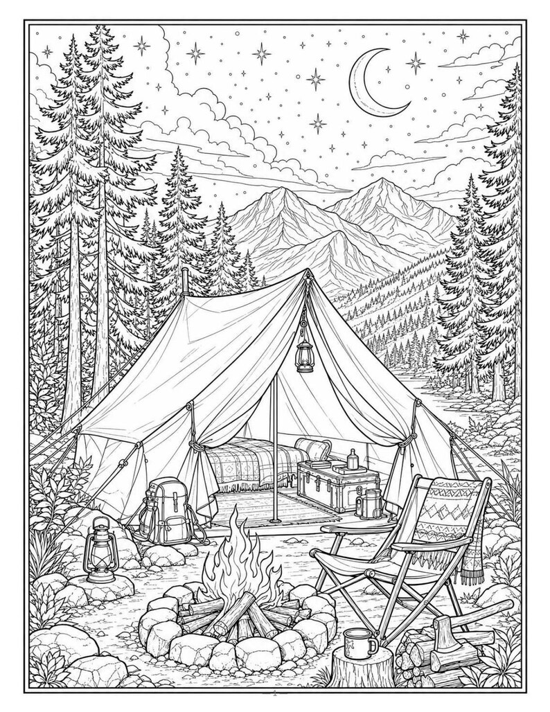 Camping Coloring Book for Adults, 28 Detailed Outdoor, Mountain Lake and Campfire Pages, Nature Coloring, US Letter and A4 PDF image 9