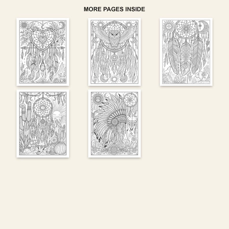 Boho Dreamcatcher Coloring Book for Adults, 28 Intricate Feather and Bohemian Pages, US Letter and A4 PDF image 5