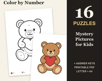 Valentine Color by Number for Kids, 16 Mystery Picture Puzzles with Answer Keys (PDF)