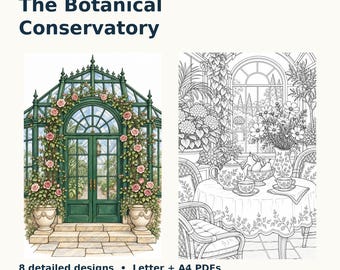 Botanical Conservatory Coloring Book for Adults, 8 Detailed Garden Scenes, Letter and A4 Printable PDFs