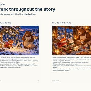 Two actual illustrated interior pages: Fox, Rabbit and Bear gather paper stars under a snowy pine, then share bread with woodland neighbors.