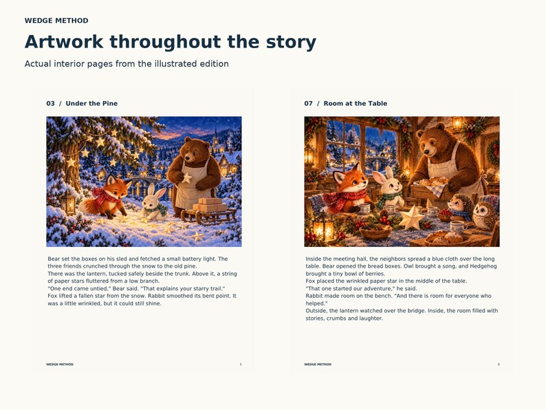 Two actual illustrated interior pages: Fox, Rabbit and Bear gather paper stars under a snowy pine, then share bread with woodland neighbors.