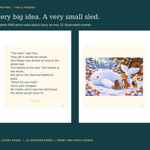 Actual story spread shows Tavi comparing a tiny sled with the giant snow whale. The complete read-aloud story has 666 words, 12 illustrated scenes and 32 interior pages plus covers.