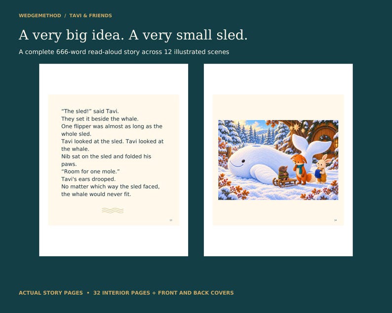 Actual story spread shows Tavi comparing a tiny sled with the giant snow whale. The complete read-aloud story has 666 words, 12 illustrated scenes and 32 interior pages plus covers.