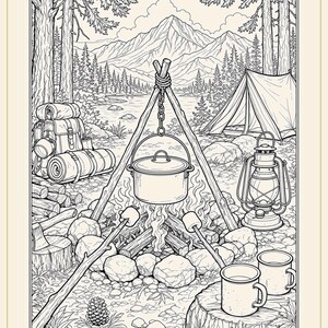 Camping Coloring Book for Adults, 28 Detailed Outdoor, Mountain Lake and Campfire Pages, Nature Coloring, US Letter and A4 PDF image 5