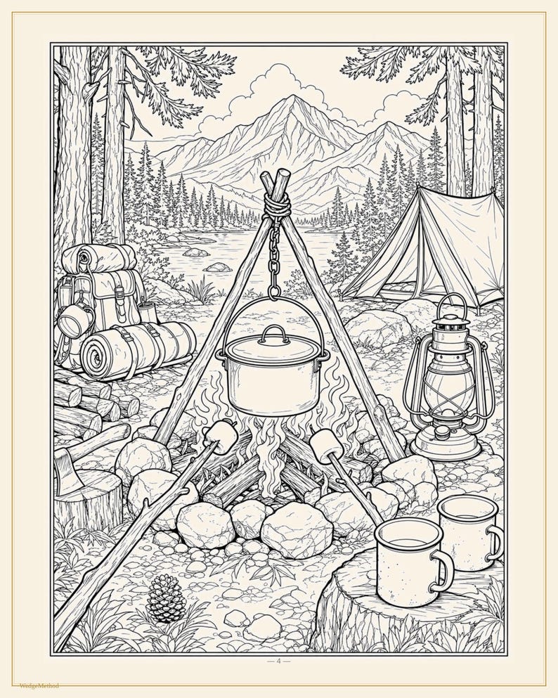 Camping Coloring Book for Adults, 28 Detailed Outdoor, Mountain Lake and Campfire Pages, Nature Coloring, US Letter and A4 PDF image 5