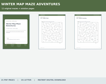 Op de afbeelding: Een digitale activiteitenset getiteld Winter Map Maze Adventures met 12 originele doolhoven en oplossingspagina's. Het document bevat een voorpagina en twee voorbeelden van doolhofpagina's genaamd 01 Cedar Path en 10 Cloud Crossing, alles in zwart-wit op een groene achtergrond.