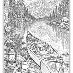 Camping Coloring Book for Adults, 28 Detailed Outdoor, Mountain Lake and Campfire Pages, Nature Coloring, US Letter and A4 PDF image 11