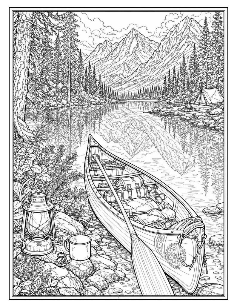 Camping Coloring Book for Adults, 28 Detailed Outdoor, Mountain Lake and Campfire Pages, Nature Coloring, US Letter and A4 PDF image 11