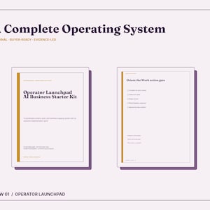 May include: A digital document titled A Complete Operating System featuring the Operator Launchpad AI Business Starter Kit. The layout includes two pages with dark text on a light background, accented by vertical gold lines and purple borders.