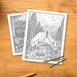 Camping Coloring Book for Adults, 28 Detailed Outdoor, Mountain Lake and Campfire Pages, Nature Coloring, US Letter and A4 PDF image 3