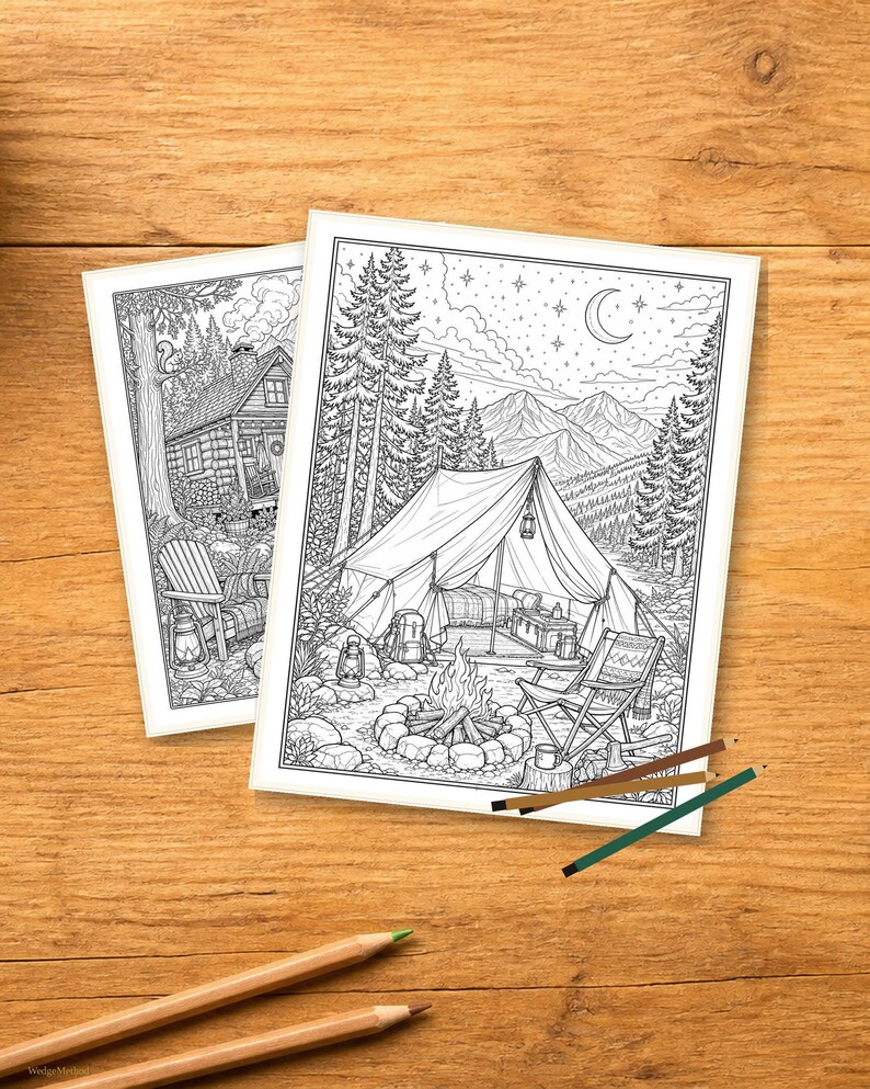 Camping Coloring Book for Adults, 28 Detailed Outdoor, Mountain Lake and Campfire Pages, Nature Coloring, US Letter and A4 PDF image 3