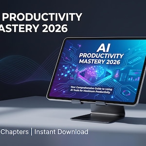 May include: A tablet on a stand displaying "AI Productivity Mastery 2026". The screen features a graphic of a brain and circuit board. The text below reads "Your Comprehensive Guide to Using AI Tools for Maximum Productivity".