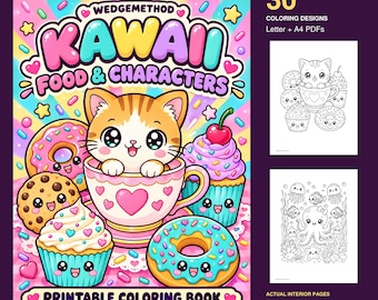 Kolorowanka Kawaii, 30 wzorów jedzenia i postaci, pliki PDF do druku w formacie Letter i A4