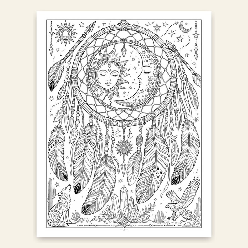 Boho Dreamcatcher Coloring Book for Adults, 28 Intricate Feather and Bohemian Pages, US Letter and A4 PDF image 4