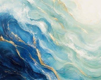 Impressão artística abstrata de ondas do oceano | Arte costeira em tons de azul, turquesa e dourado | Download digital para impressão | Decoração moderna para casa de praia | Todos os tamanhos