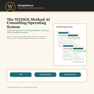 Puede incluir: Anuncio del "WEDGE Method AI Consulting Operating System". La imagen muestra el nombre del producto, una descripción y vistas previas de páginas PDF. Los botones indican formato PDF, descarga instantánea y sin artículo físico. El logotipo es una "W" dorada en un círculo negro.
