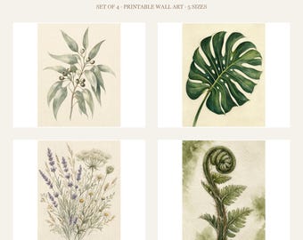 Conjunto de Arte de Parede Botânica para Imprimir | Eucalipto, Samambaia e Monstera em Aquarela | Arte de Parede Neutra | Download Instantâneo