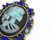 Sale, Skeleton Cameo Necklace, Black and Blue Gothic Lolita Pendant with Chain