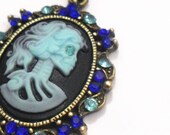 Sale, Skeleton Cameo Necklace, Black and Blue Gothic Lolita Pendant with Chain