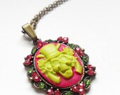 Sale, Pink Victorian Zombie Necklace, Bright Lime Green Skeleton Cameo, Pink Skull Pendant, Halloween Necklace