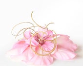 Pink Flower Fascinator, Hibiscus Hair Clip, Pink and Gold Hairpiece for weddings and black tie events