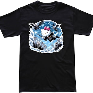 May include: Black t-shirt featuring a cartoon graphic of Hello Kitty dressed as a wizard, flying with a wand. The design includes lightning bolts, dark figures, and a pink bow. A unique and playful design.