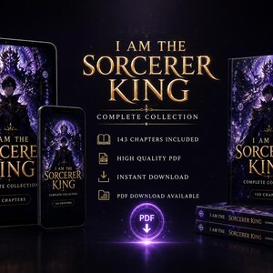 May include: Digital product advertisement for "I Am The Sorcerer King: Complete Collection." The image features a tablet, smartphone, and a physical book, all displaying the book cover. The cover art depicts a figure in dark attire. The text highlights 143 chapters, high-quality PDF, and instant download.