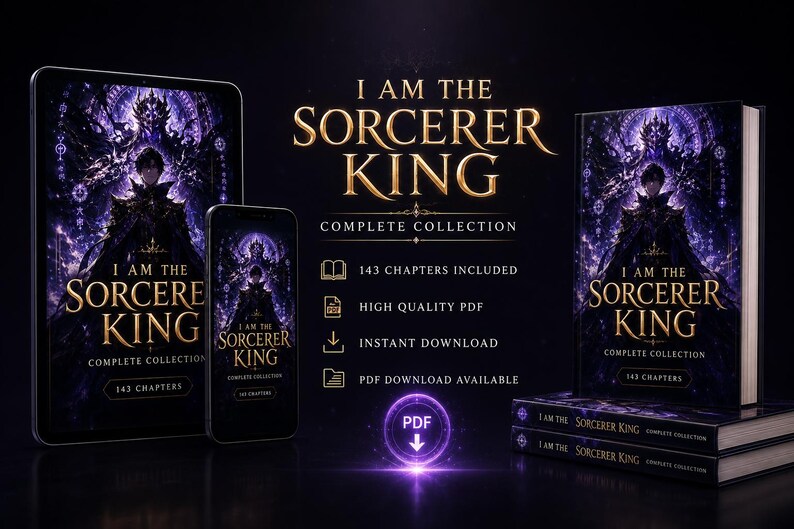May include: Digital product advertisement for "I Am The Sorcerer King: Complete Collection." The image features a tablet, smartphone, and a physical book, all displaying the book cover. The cover art depicts a figure in dark attire. The text highlights 143 chapters, high-quality PDF, and instant download.