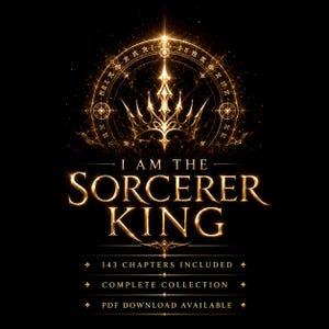 May include: A gold-colored digital graphic with the text "I AM THE SORCERER KING" in a stylized font. The image includes a crown and a circular design with text and symbols, and the text "143 CHAPTERS INCLUDED", "COMPLETE COLLECTION", and "PDF DOWNLOAD AVAILABLE".