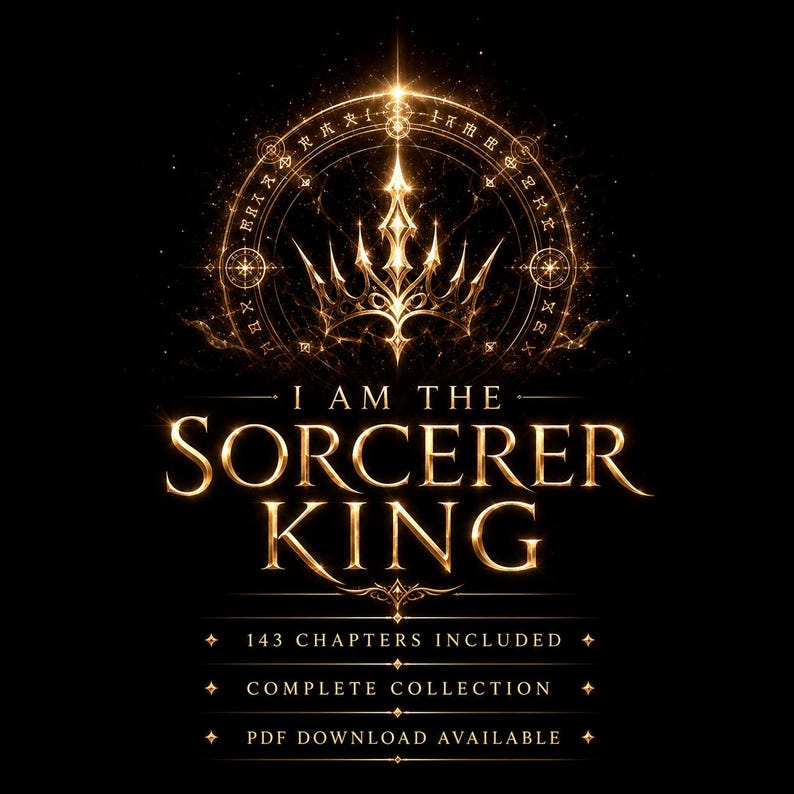 May include: A gold-colored digital graphic with the text "I AM THE SORCERER KING" in a stylized font. The image includes a crown and a circular design with text and symbols, and the text "143 CHAPTERS INCLUDED", "COMPLETE COLLECTION", and "PDF DOWNLOAD AVAILABLE".