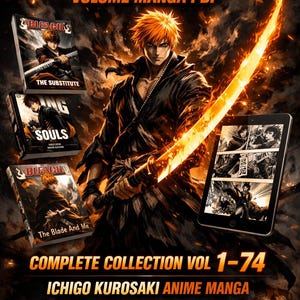 Puede incluir: Ilustración digital que promociona la serie de manga Bleach. La imagen presenta el título "Bleach" en una fuente ardiente, junto con el texto "Volume Manga PDF". Muestra al personaje principal, Ichigo Kurosaki, sosteniendo una espada brillante y varios volúmenes de manga.