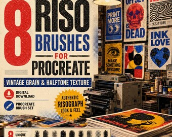 8 Riso Brushes for Procreate | Vintage Grain Halftone Texture (Digital Download)