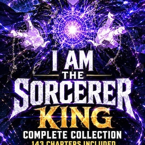 May include: A digital art image for "I Am The Sorcerer King." The artwork features a dark-haired figure with glowing purple eyes, surrounded by a swirling purple energy field. Text includes "Complete Collection," "Fantasy Action," and "PDF Download Available."