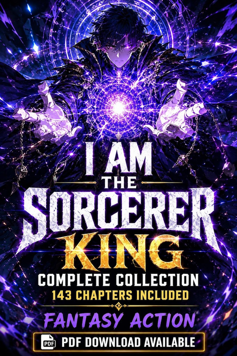 May include: A digital art image for "I Am The Sorcerer King." The artwork features a dark-haired figure with glowing purple eyes, surrounded by a swirling purple energy field. Text includes "Complete Collection," "Fantasy Action," and "PDF Download Available."