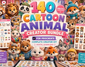 140 Cartoon Animal Creator Bundle for Procreate | Cute Animal Stamps & Brushes for iPad