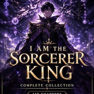 May include: Digital art book cover for "I Am The Sorcerer King." The image features a dark-haired character in ornate armor, set against a purple and black fantasy background. Text includes "Complete Collection" and "143 Chapters."