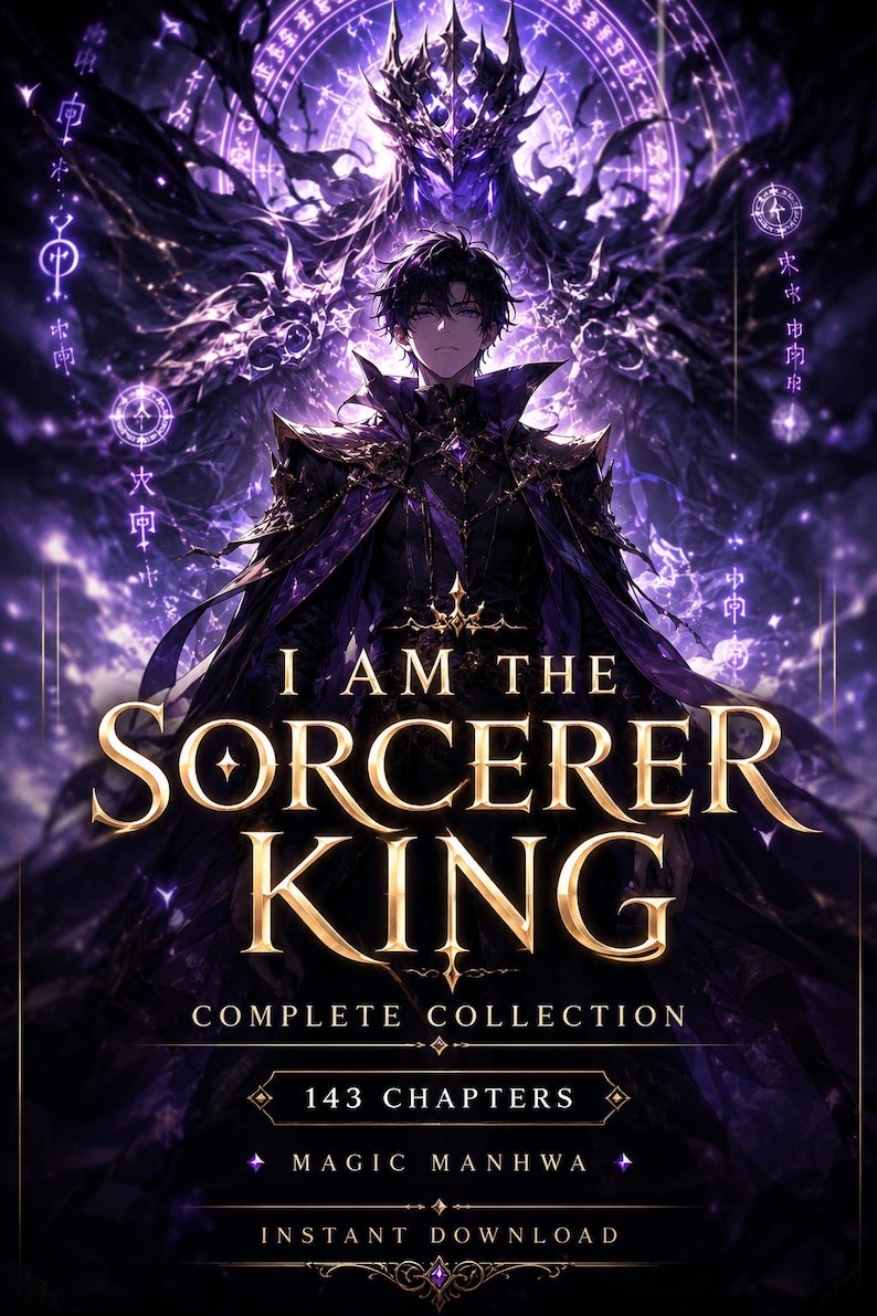 May include: Digital art book cover for "I Am The Sorcerer King." The image features a dark-haired character in ornate armor, set against a purple and black fantasy background. Text includes "Complete Collection" and "143 Chapters."