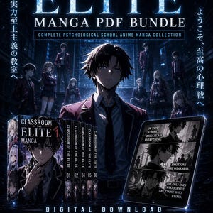 May include: Digital download bundle of "Classroom of the Elite" manga. The image features manga volumes, a tablet displaying manga pages, and anime-style illustrations of characters. Text includes "Digital Download" and "Instant Access."