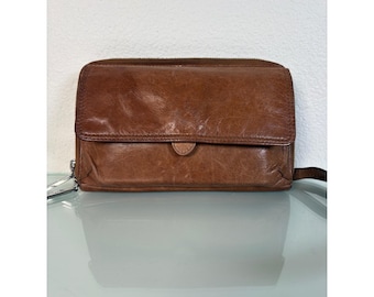 Hobo The Original Brown Leather Crossbody Wallet Bag Chevron Lining